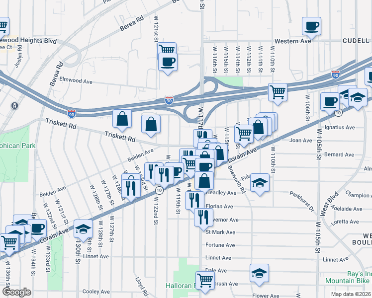 map of restaurants, bars, coffee shops, grocery stores, and more near 11740 Geraldine Avenue in Cleveland