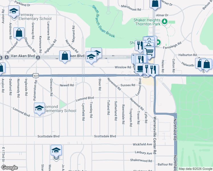map of restaurants, bars, coffee shops, grocery stores, and more near 3536 Tolland Road in Shaker Heights
