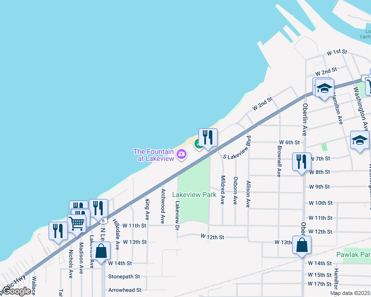 map of restaurants, bars, coffee shops, grocery stores, and more near 1800 West Erie Avenue in Lorain