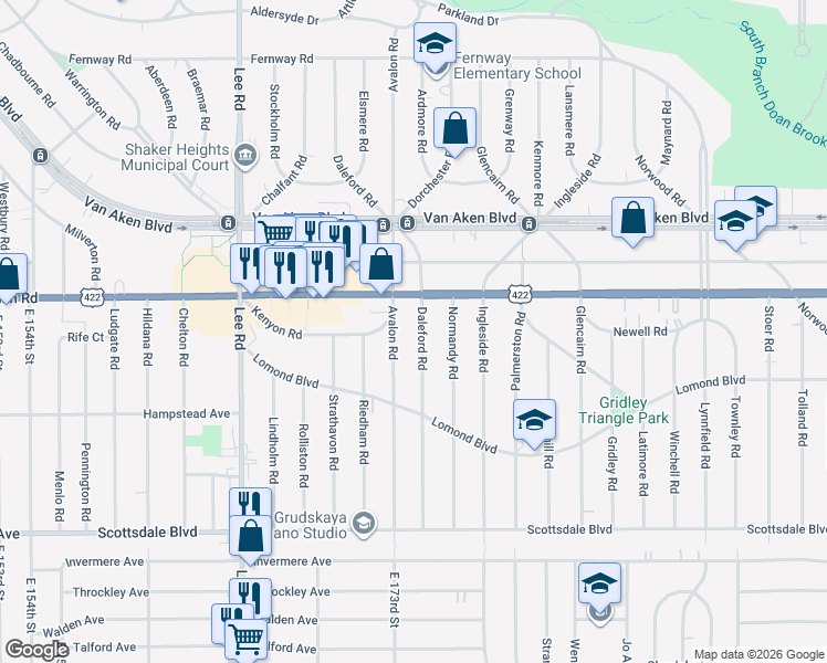 map of restaurants, bars, coffee shops, grocery stores, and more near 3550 Daleford Road in Shaker Heights