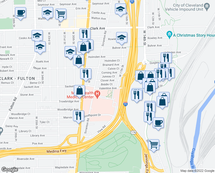 map of restaurants, bars, coffee shops, grocery stores, and more near 1904 Valentine Avenue in Cleveland