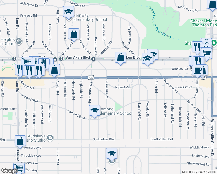 map of restaurants, bars, coffee shops, grocery stores, and more near 3552 Glencairn Road in Shaker Heights