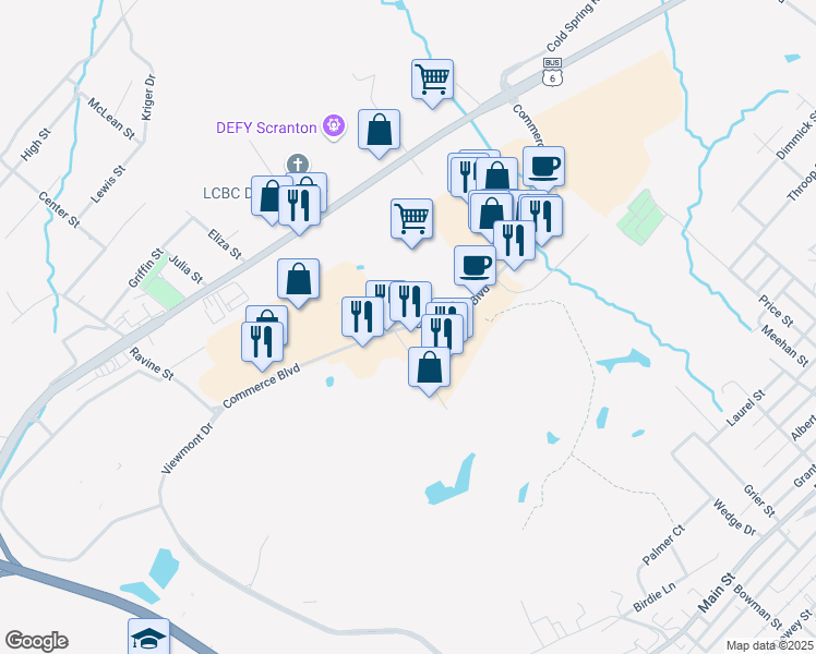 map of restaurants, bars, coffee shops, grocery stores, and more near Commerce Boulevard in Dickson City