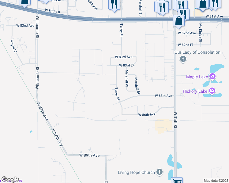 map of restaurants, bars, coffee shops, grocery stores, and more near 2904 West 85th Circle in Merrillville