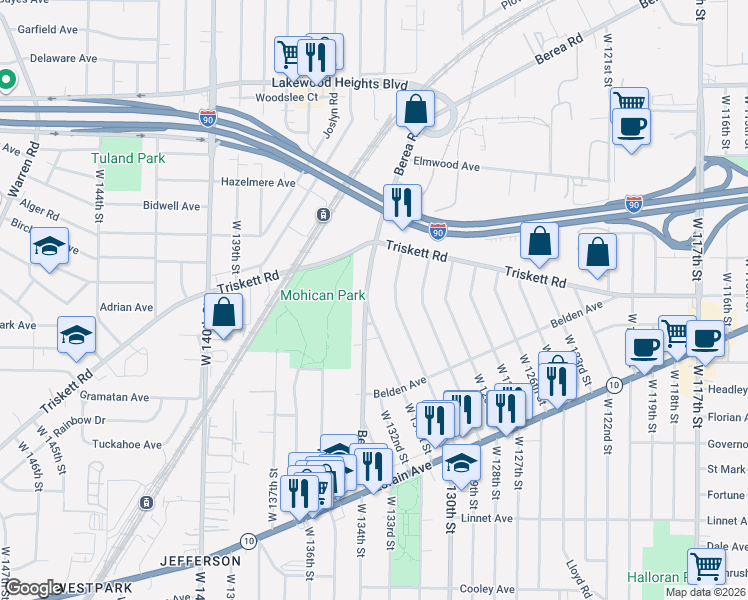map of restaurants, bars, coffee shops, grocery stores, and more near 3265 Berea Road in Cleveland