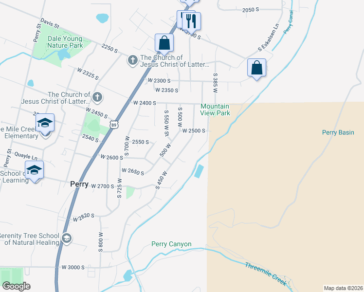 map of restaurants, bars, coffee shops, grocery stores, and more near 2565 Peach Street in Perry