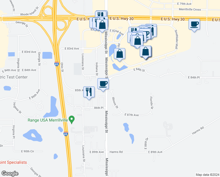 map of restaurants, bars, coffee shops, grocery stores, and more near 1600 East 85th Court in Merrillville