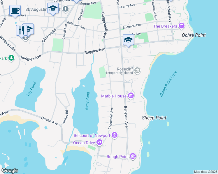 map of restaurants, bars, coffee shops, grocery stores, and more near 143 Coggeshall Avenue in Newport