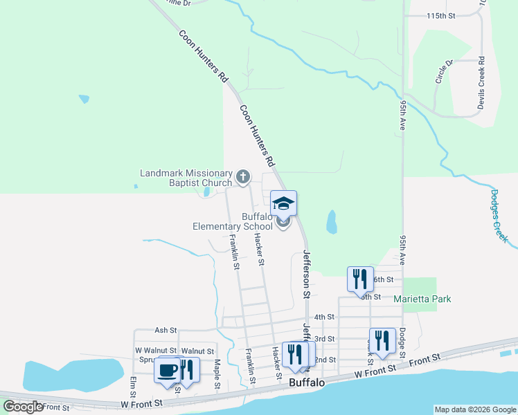 map of restaurants, bars, coffee shops, grocery stores, and more near 1103 Hacker Street in Buffalo