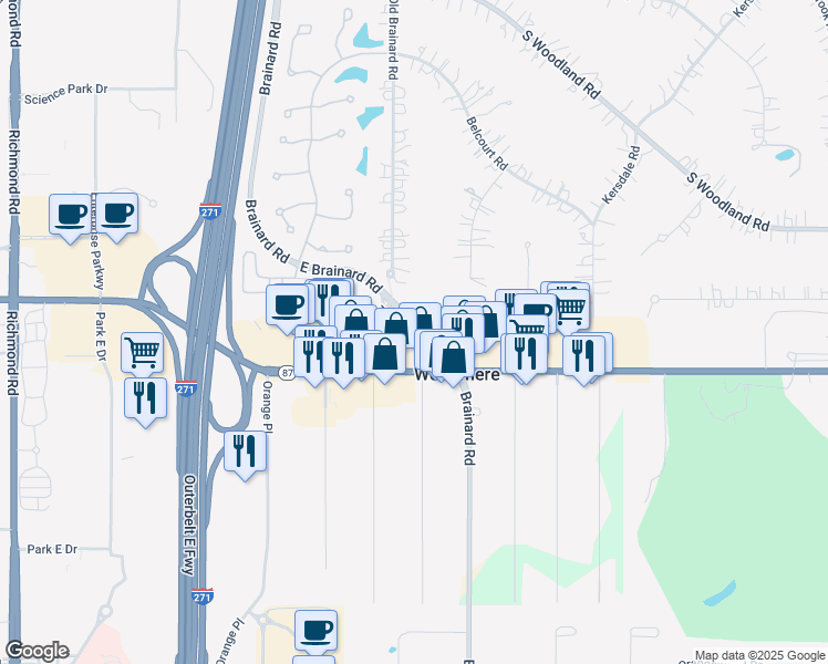 map of restaurants, bars, coffee shops, grocery stores, and more near 3434 East Brainard Road in Woodmere