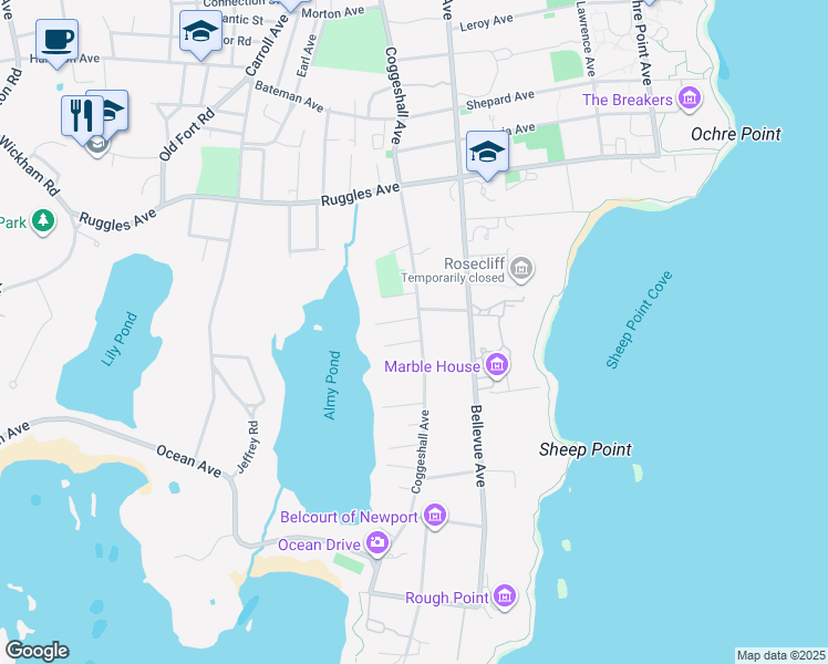map of restaurants, bars, coffee shops, grocery stores, and more near 143 Coggeshall Avenue in Newport