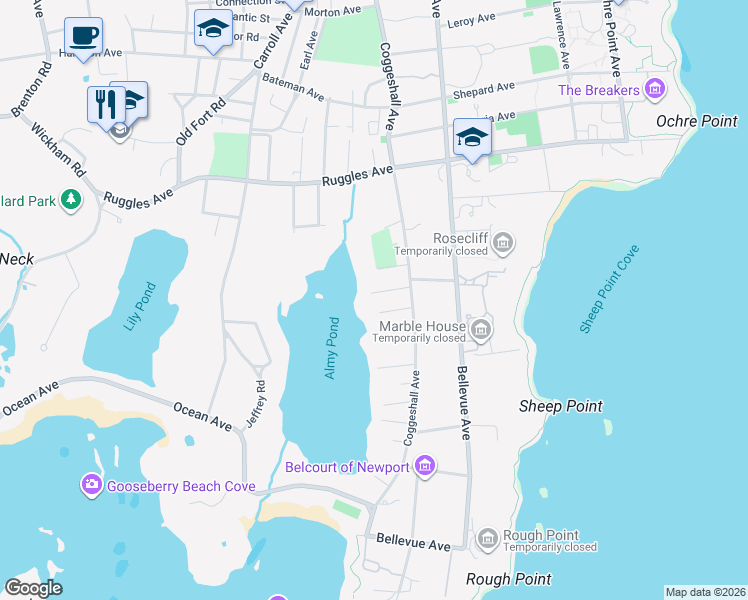 map of restaurants, bars, coffee shops, grocery stores, and more near 8 Almy Court in Newport