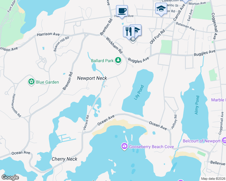 map of restaurants, bars, coffee shops, grocery stores, and more near 18 Ocean Heights Road in Newport