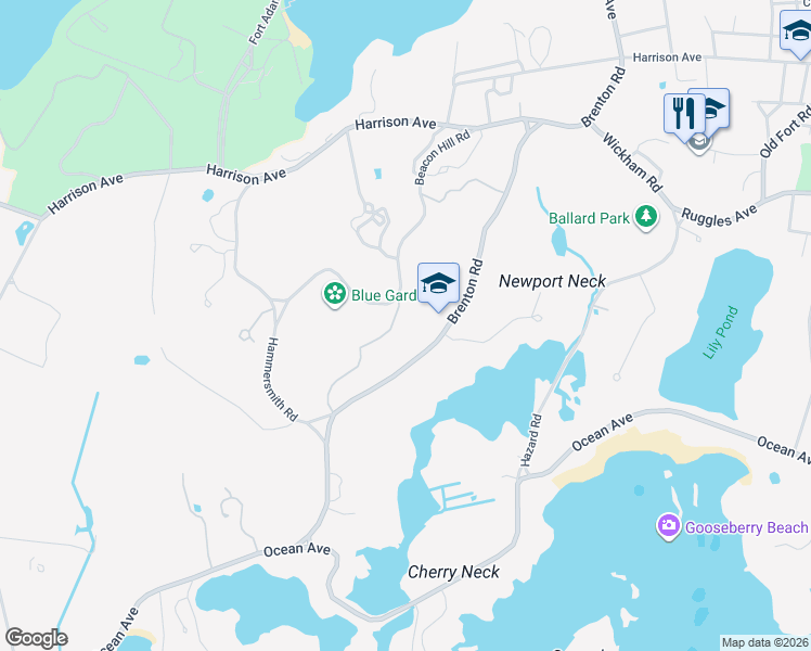 map of restaurants, bars, coffee shops, grocery stores, and more near 75 Brenton Road in Newport