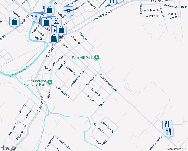 map of restaurants, bars, coffee shops, grocery stores, and more near 725 East Scott Street in Olyphant