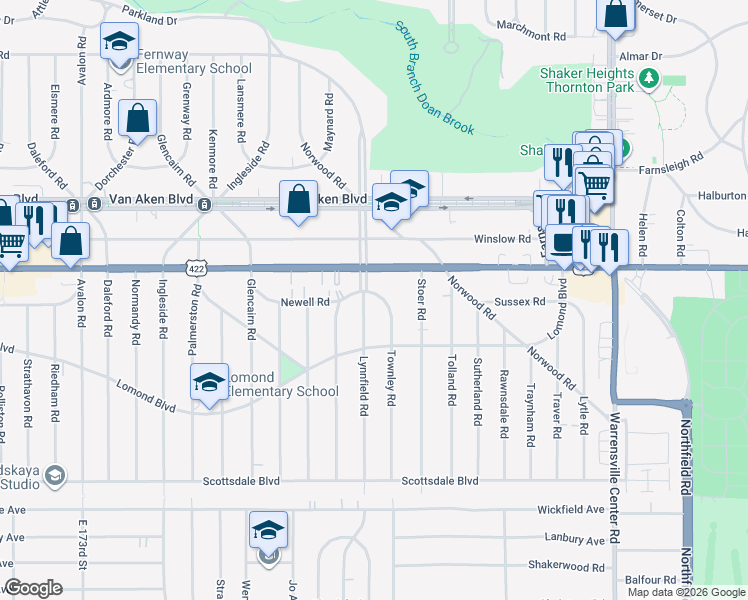 map of restaurants, bars, coffee shops, grocery stores, and more near 3554 Townley Road in Shaker Heights