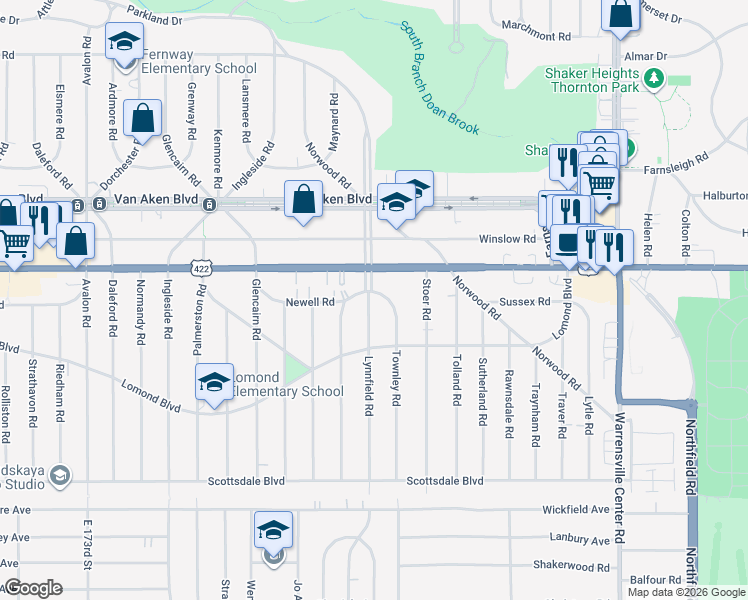 map of restaurants, bars, coffee shops, grocery stores, and more near 3554 Townley Road in Shaker Heights