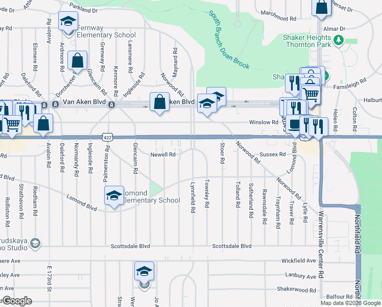 map of restaurants, bars, coffee shops, grocery stores, and more near 3554 Lynnfield Road in Shaker Heights