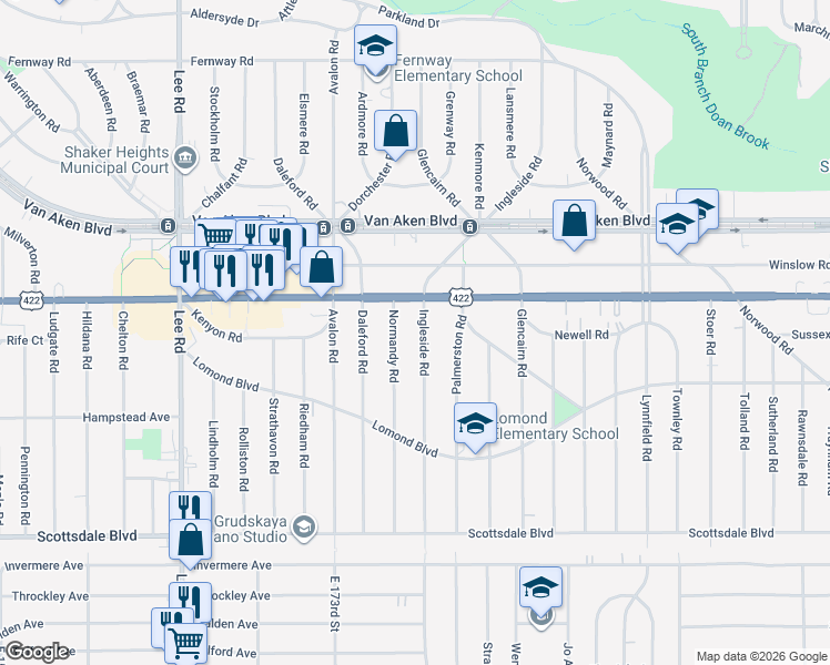 map of restaurants, bars, coffee shops, grocery stores, and more near 3553 Normandy Road in Shaker Heights