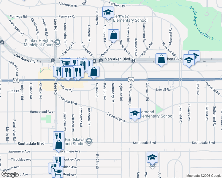 map of restaurants, bars, coffee shops, grocery stores, and more near 3553 Normandy Road in Shaker Heights