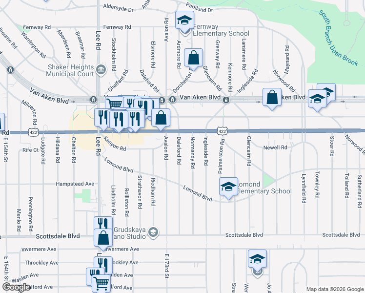 map of restaurants, bars, coffee shops, grocery stores, and more near 3550 Daleford Road in Shaker Heights