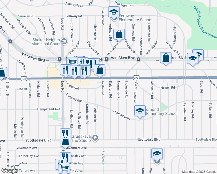 map of restaurants, bars, coffee shops, grocery stores, and more near 3550 Daleford Road in Shaker Heights