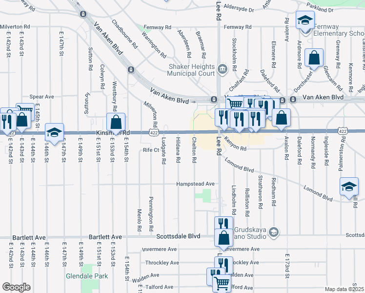 map of restaurants, bars, coffee shops, grocery stores, and more near 3551 Hildana Road in Shaker Heights