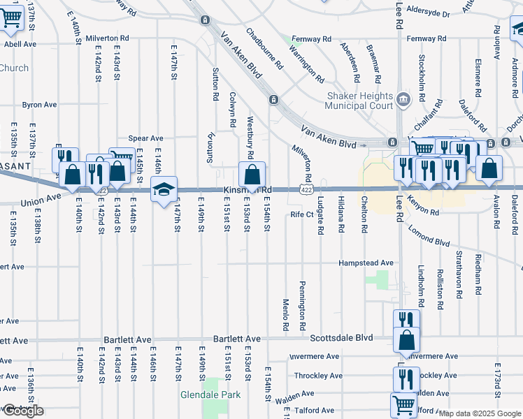 map of restaurants, bars, coffee shops, grocery stores, and more near 3551 East 154th Street in Cleveland