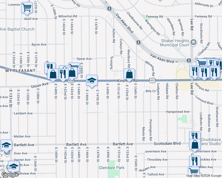 map of restaurants, bars, coffee shops, grocery stores, and more near 3548 East 151st Street in Cleveland