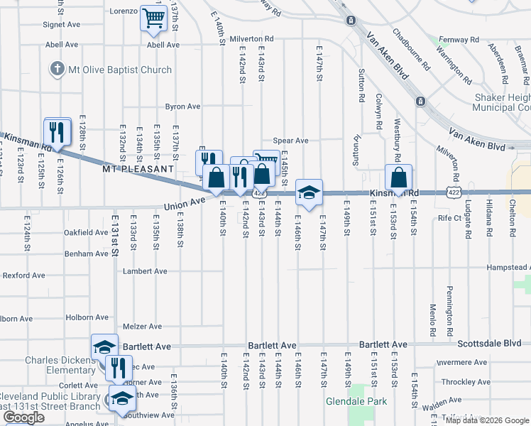 map of restaurants, bars, coffee shops, grocery stores, and more near 3545 East 143rd Street in Cleveland