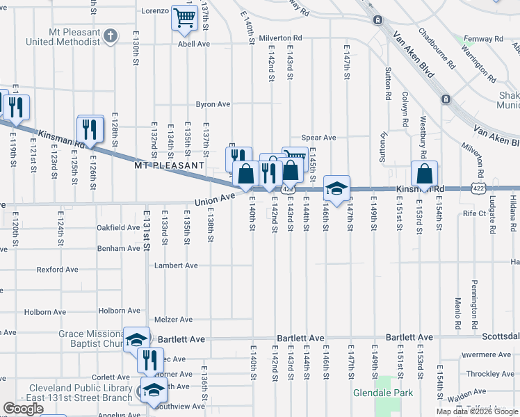map of restaurants, bars, coffee shops, grocery stores, and more near 3550 East 142nd Street in Cleveland