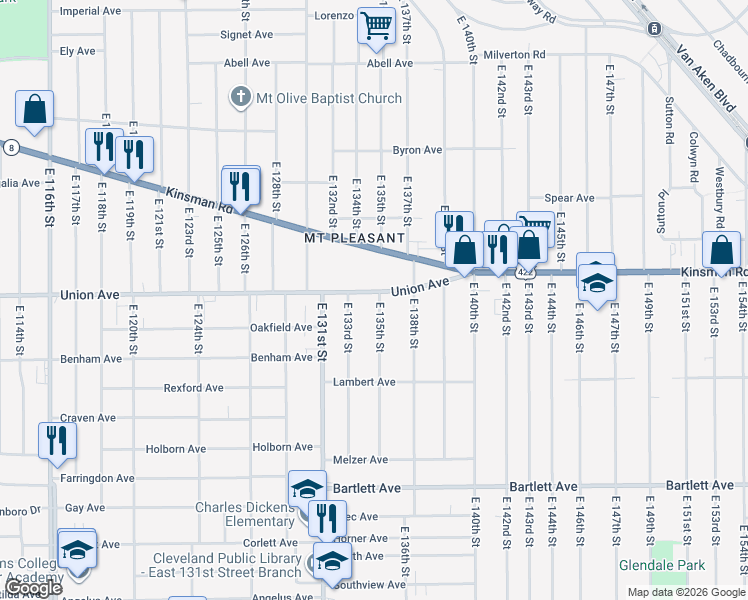 map of restaurants, bars, coffee shops, grocery stores, and more near 3521 East 133rd Street in Cleveland