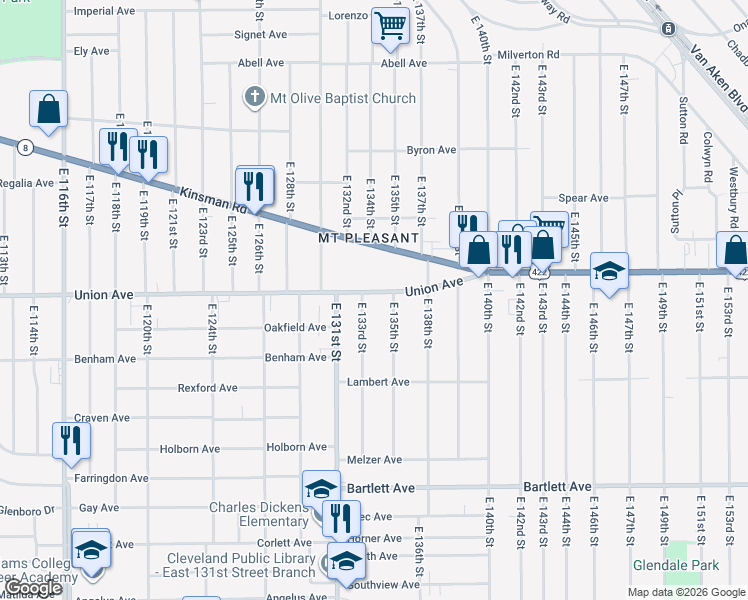 map of restaurants, bars, coffee shops, grocery stores, and more near 3521 East 133rd Street in Cleveland
