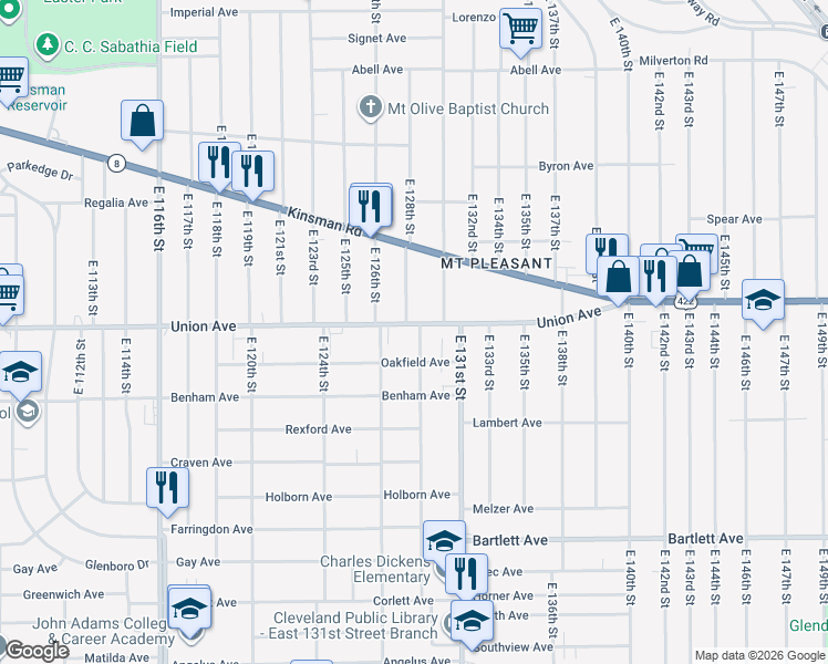 map of restaurants, bars, coffee shops, grocery stores, and more near 3521 East 129th Street in Cleveland