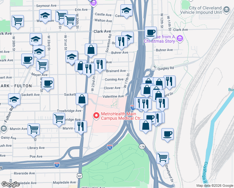 map of restaurants, bars, coffee shops, grocery stores, and more near 1803 Valentine Avenue in Cleveland