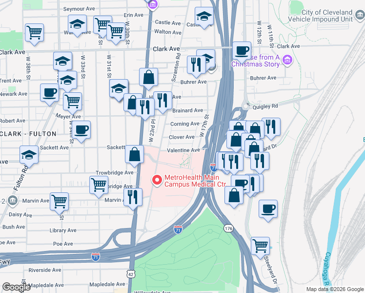 map of restaurants, bars, coffee shops, grocery stores, and more near 1803 Valentine Avenue in Cleveland
