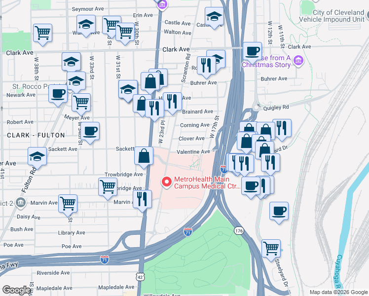 map of restaurants, bars, coffee shops, grocery stores, and more near 3333W West 23rd Place in Cleveland