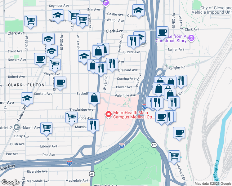 map of restaurants, bars, coffee shops, grocery stores, and more near 3333W West 23rd Place in Cleveland