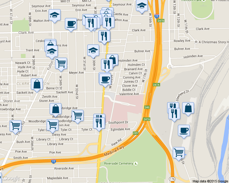 map of restaurants, bars, coffee shops, grocery stores, and more near in Cleveland