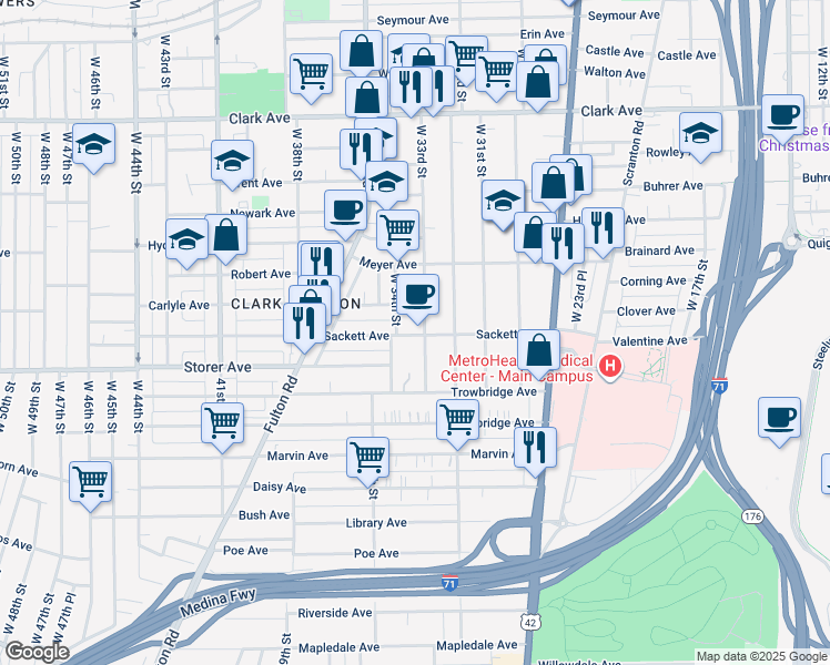 map of restaurants, bars, coffee shops, grocery stores, and more near 3347 West 33rd Street in Cleveland
