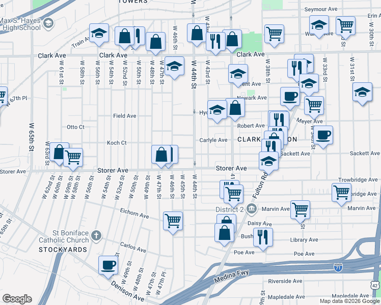 map of restaurants, bars, coffee shops, grocery stores, and more near 4411 Sackett Avenue in Cleveland