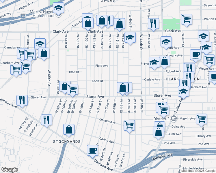 map of restaurants, bars, coffee shops, grocery stores, and more near 3340 West 50th Street in Cleveland