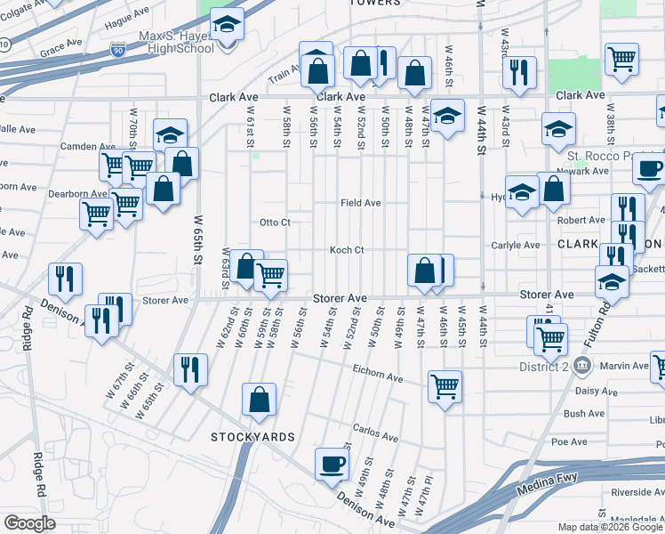 map of restaurants, bars, coffee shops, grocery stores, and more near 3337 West 54th Street in Cleveland