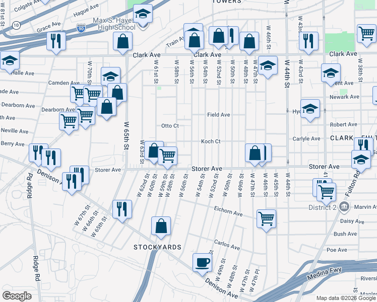 map of restaurants, bars, coffee shops, grocery stores, and more near 3337 West 56th Street in Cleveland