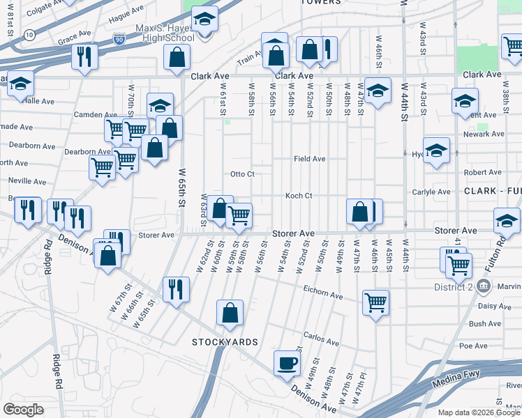 map of restaurants, bars, coffee shops, grocery stores, and more near 3338 West 58th Street in Cleveland