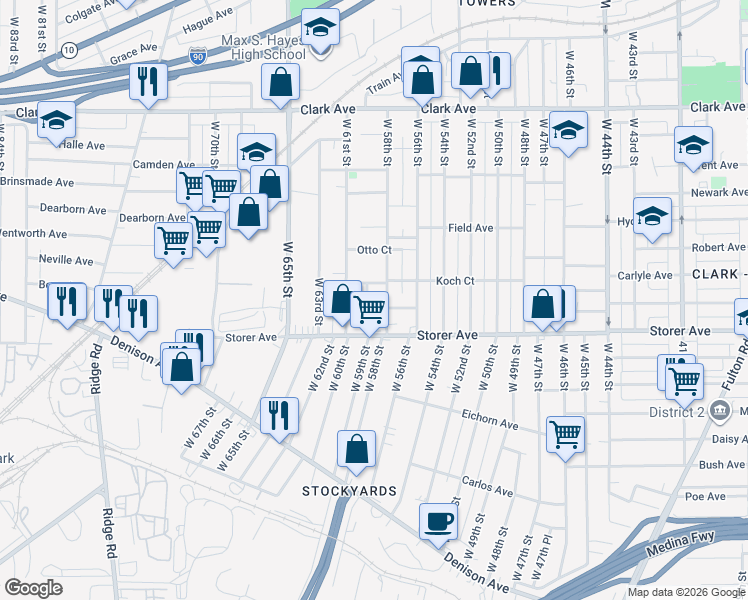map of restaurants, bars, coffee shops, grocery stores, and more near 3338 West 58th Street in Cleveland