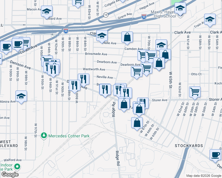 map of restaurants, bars, coffee shops, grocery stores, and more near 7500 Denison Avenue in Cleveland