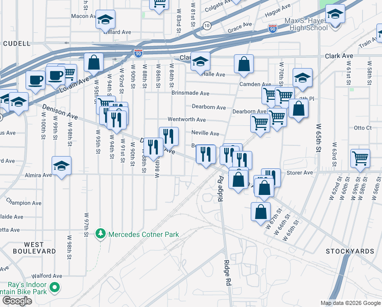 map of restaurants, bars, coffee shops, grocery stores, and more near in Cleveland