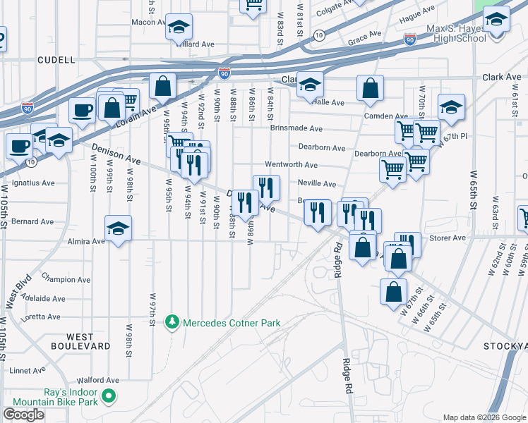 map of restaurants, bars, coffee shops, grocery stores, and more near 3333 West 84th Street in Cleveland