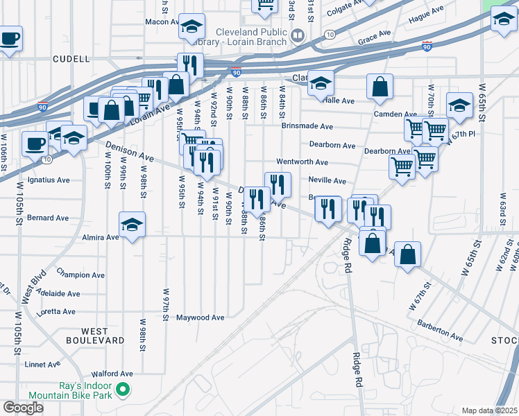 map of restaurants, bars, coffee shops, grocery stores, and more near 3332 West 86th Street in Cleveland
